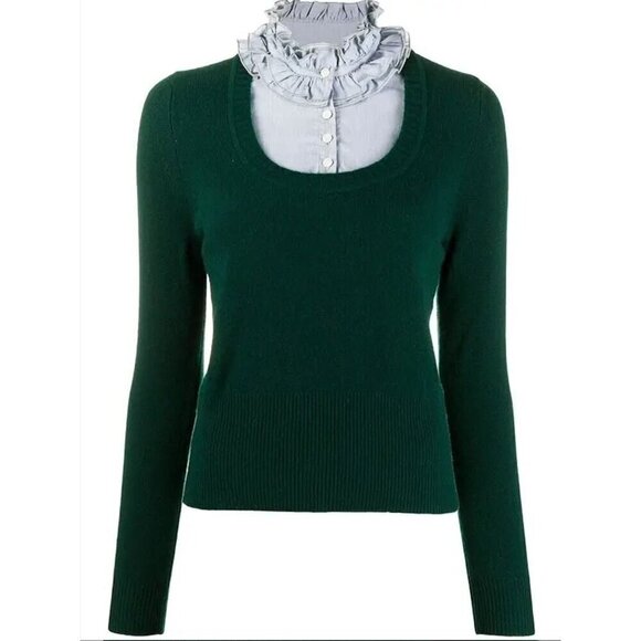 Sandro Bottle Green Ruffle Neck 100% Wool 100% Cotton Layered Pullover Sweater L - Picture 1 of 12